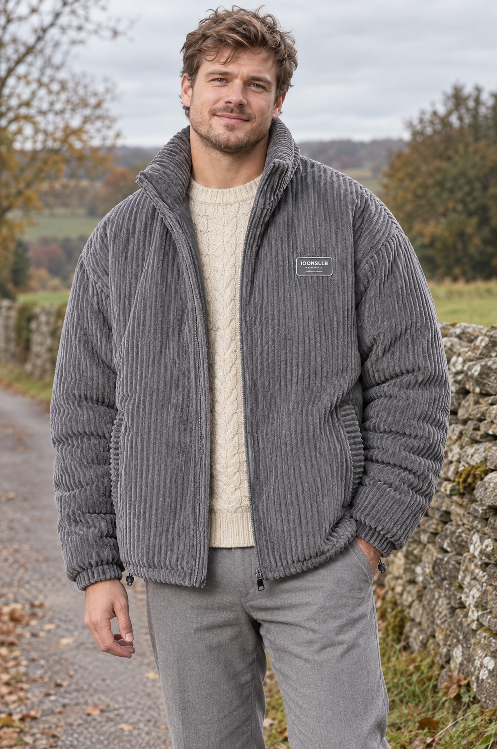 Veste rembourrée en velours côtelé, col montant — Gris — en situation