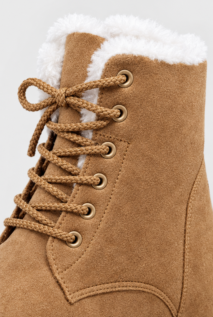 Bottes de neige à lacets en suédine doublées peluche — Camel — gros plan matière