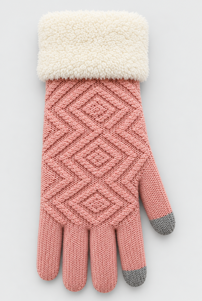 Gants en maille doublés, revers peluche et bouts tactiles — Rose poudré — gros plan matière