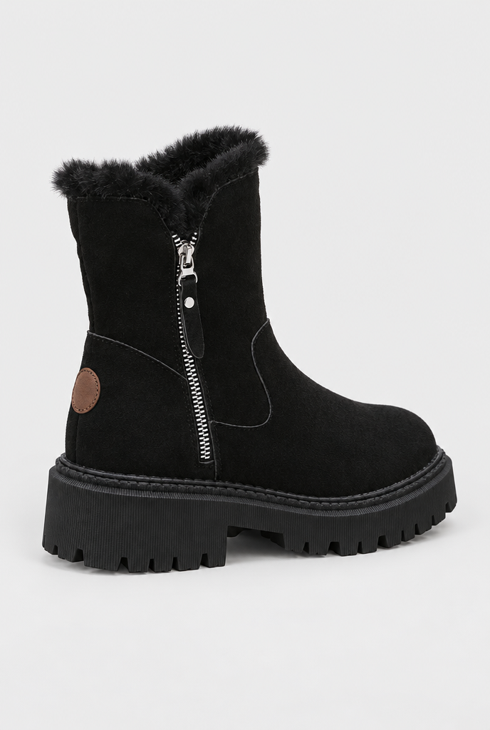 Bottines zippées en suédine doublées peluche — Noir — talon et semelle