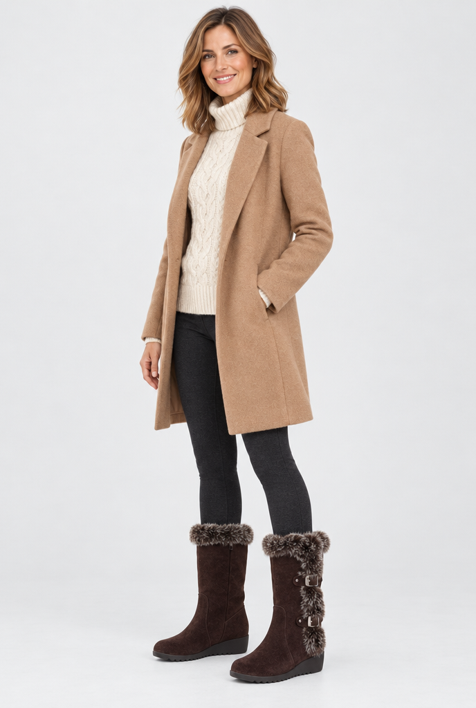 Bottes de neige compensées à boucles et fausse fourrure — Marron — silhouette complète
