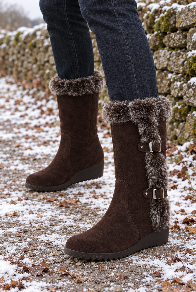 Bottes de neige compensées à boucles et fausse fourrure — Marron — en situation