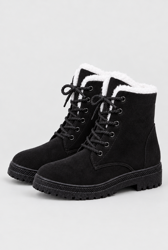 Bottes de neige à lacets en suédine doublées peluche — Noir — packshot