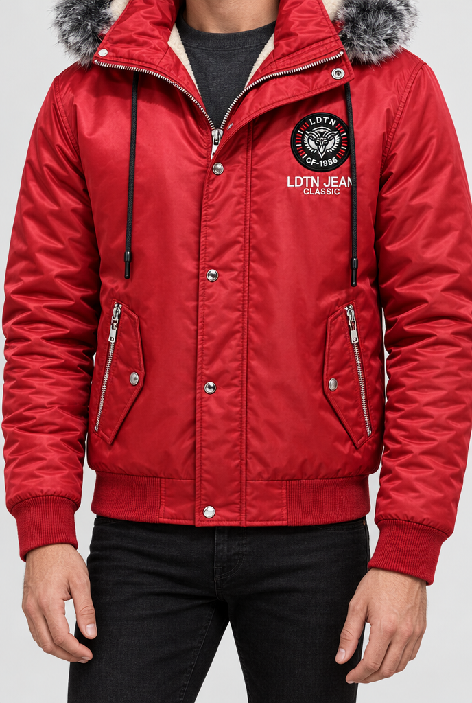 Blouson doublé sherpa à capuche fausse fourrure — Rouge — détail