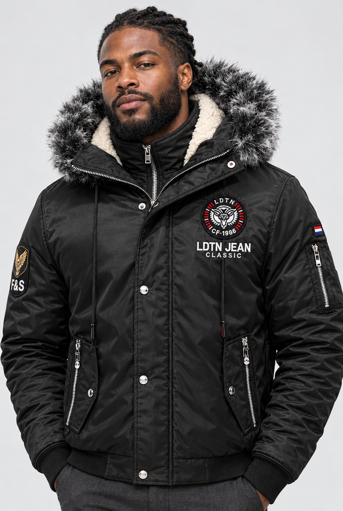 Blouson doublé sherpa à capuche fausse fourrure — Noir — gros plan