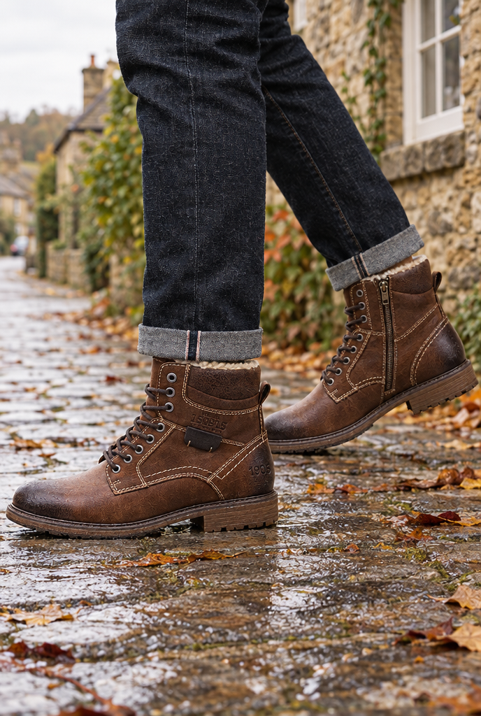Boots d’hiver à lacets doublées fausse fourrure — Marron — en situation