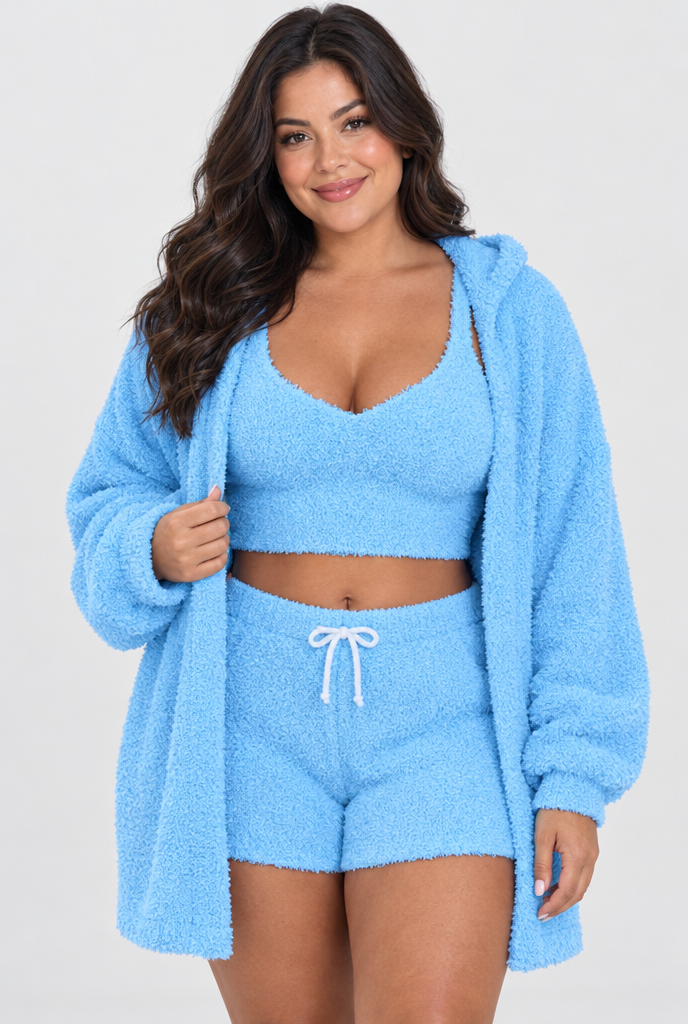 Sky Blue Fuzzy hooded cardigan, cami and shorts set, studio front