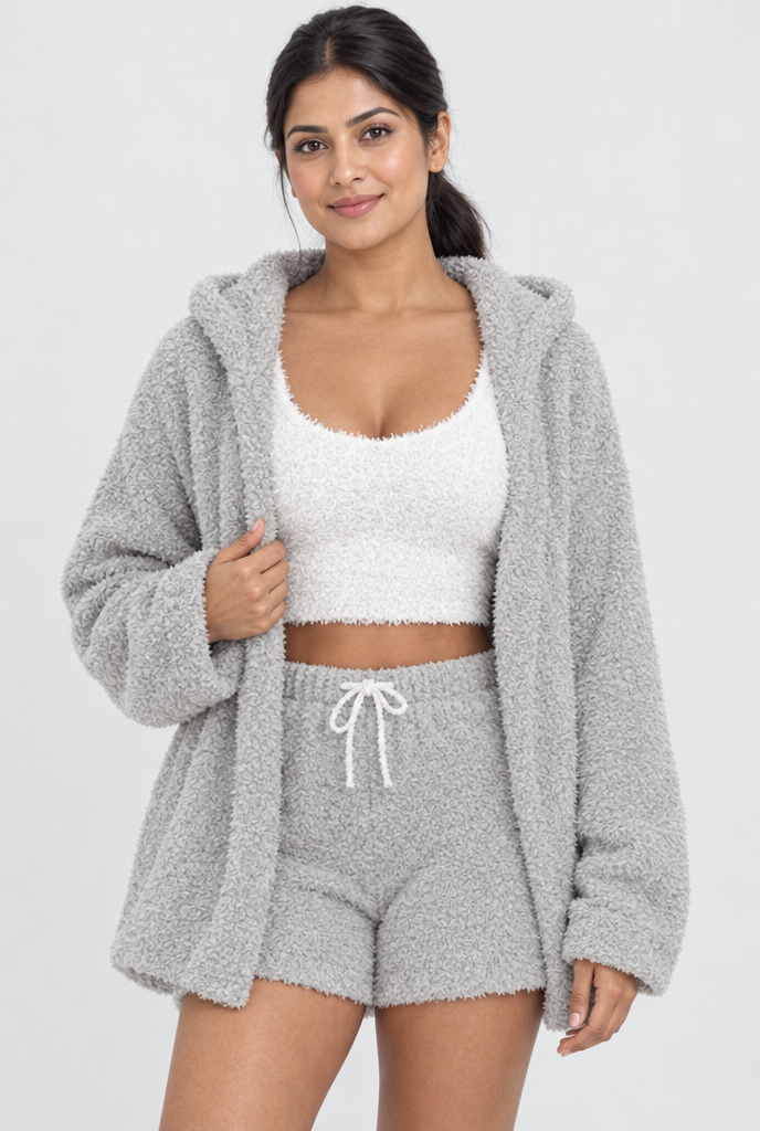 Heather Gray Fuzzy hooded cardigan, cami and shorts set, studio front