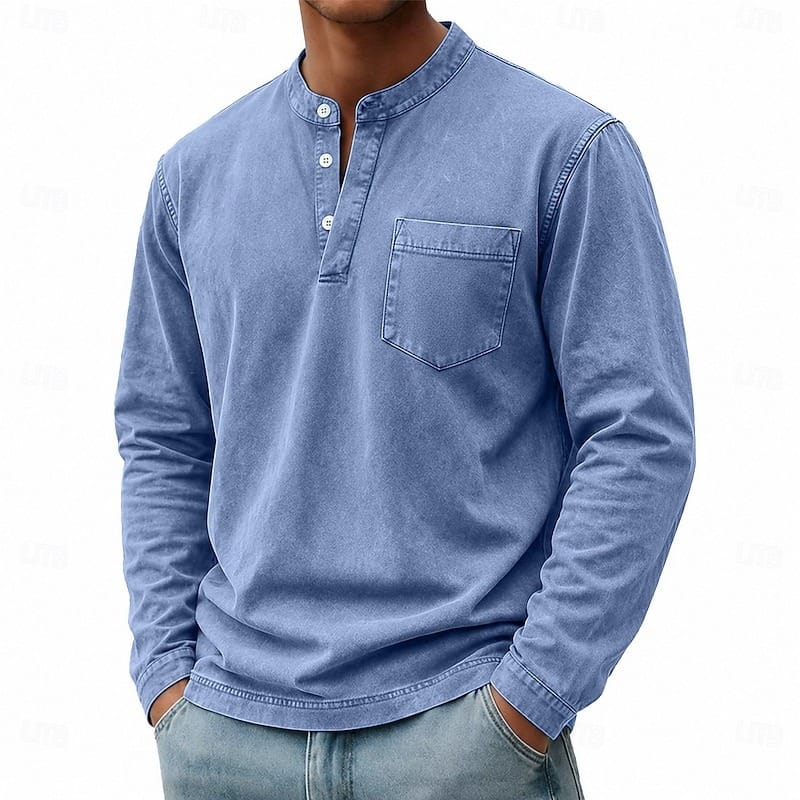 Men's Garment-Washed Long Sleeve Pocket Henley