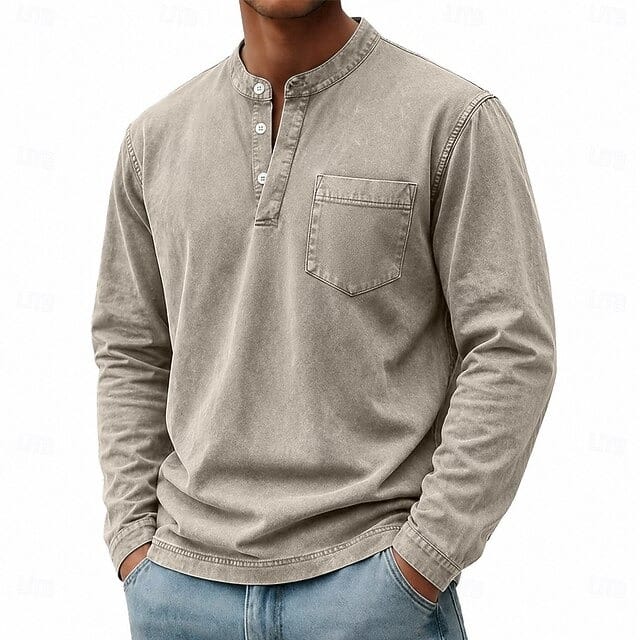 Men's Garment-Washed Long Sleeve Pocket Henley