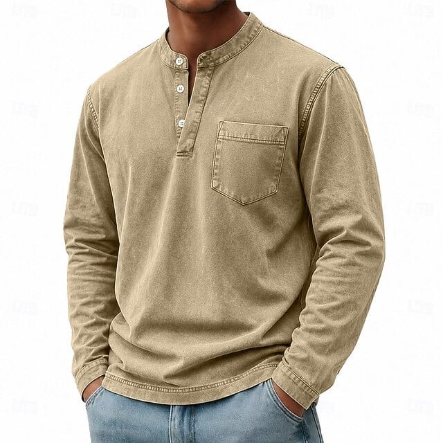 Men's Garment-Washed Long Sleeve Pocket Henley