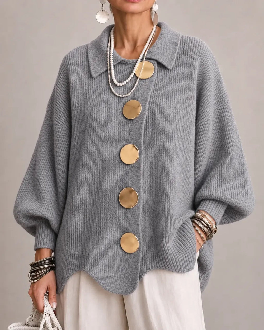 Oversized Collared Cardigan with Scalloped Hem
