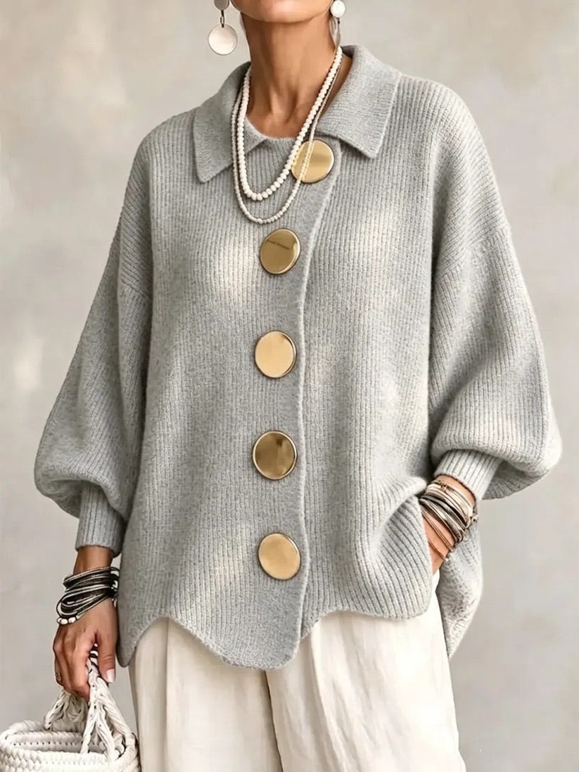 Oversized Collared Cardigan with Scalloped Hem