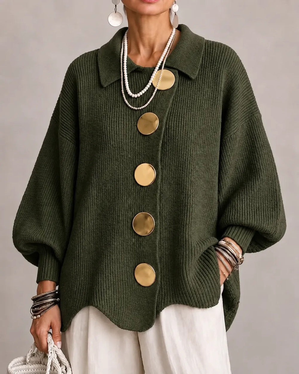 Oversized Collared Cardigan with Scalloped Hem
