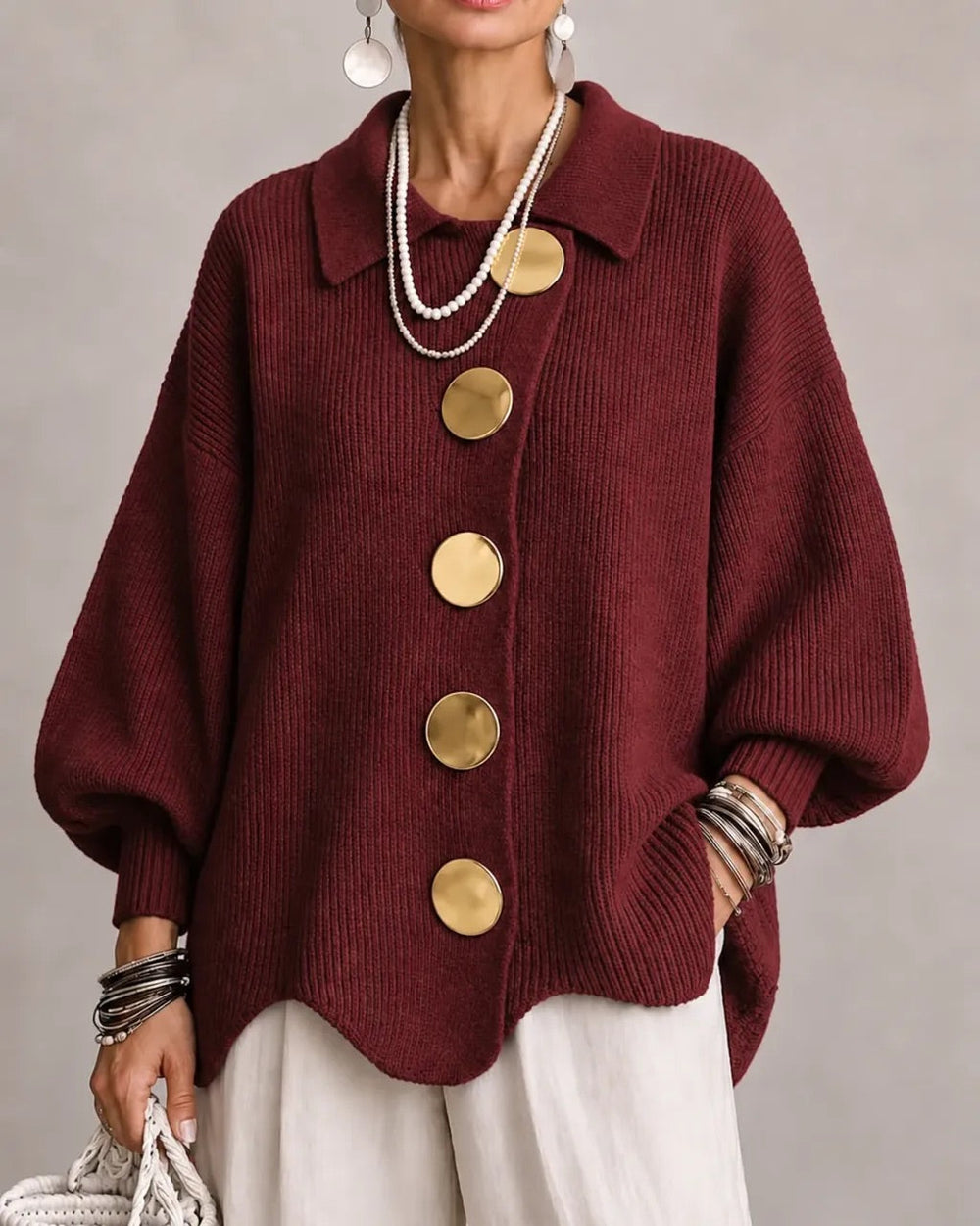 Oversized Collared Cardigan with Scalloped Hem
