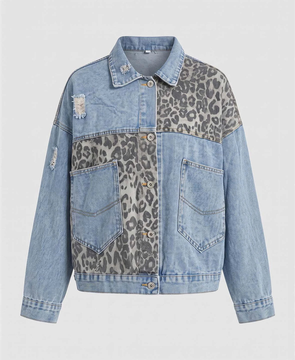 Leopard Patchwork Distressed Denim Jacket