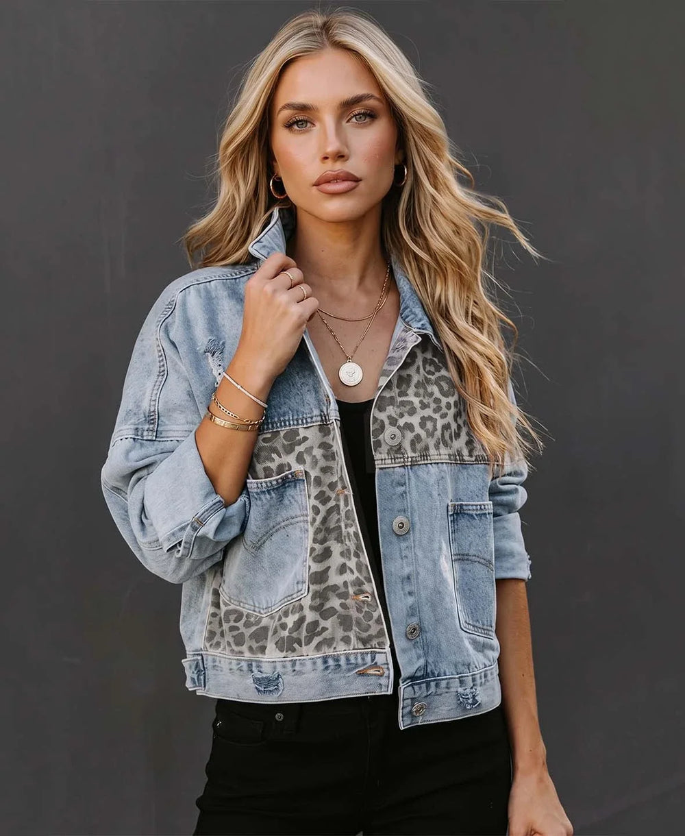 Leopard Patchwork Distressed Denim Jacket