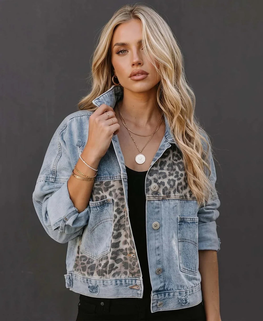 Leopard Patchwork Distressed Denim Jacket