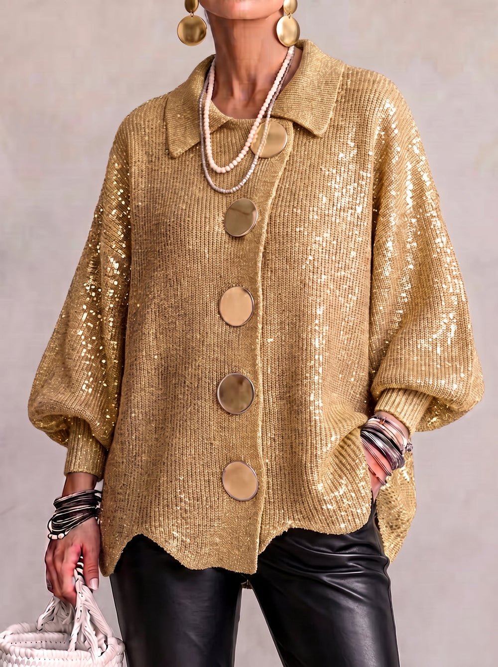 Oversized Collared Cardigan with Scalloped Hem