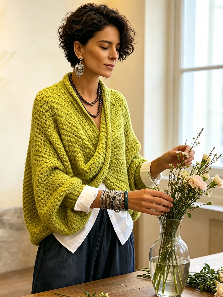 Crossover V-Neck Batwing Chunky Knit Sweater