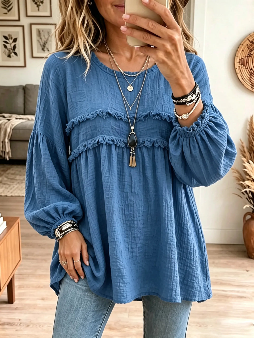 Crinkle Ruffle-Yoke Babydoll Tunic Blouse