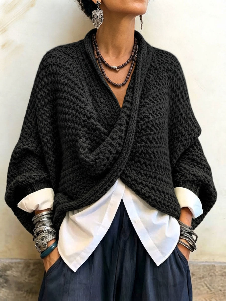 Crossover V-Neck Batwing Chunky Knit Sweater