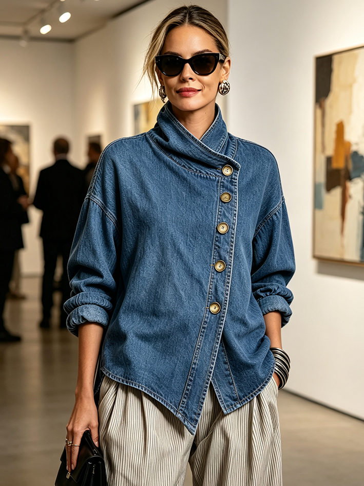 Oversized Asymmetric Wrap-Collar Shirt Jacket