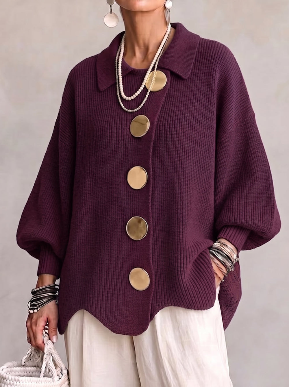 Oversized Collared Cardigan with Scalloped Hem