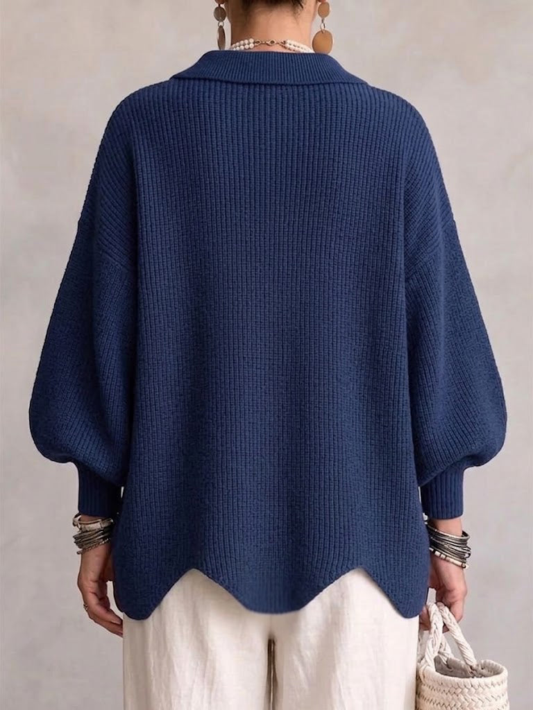 Oversized Collared Cardigan with Scalloped Hem