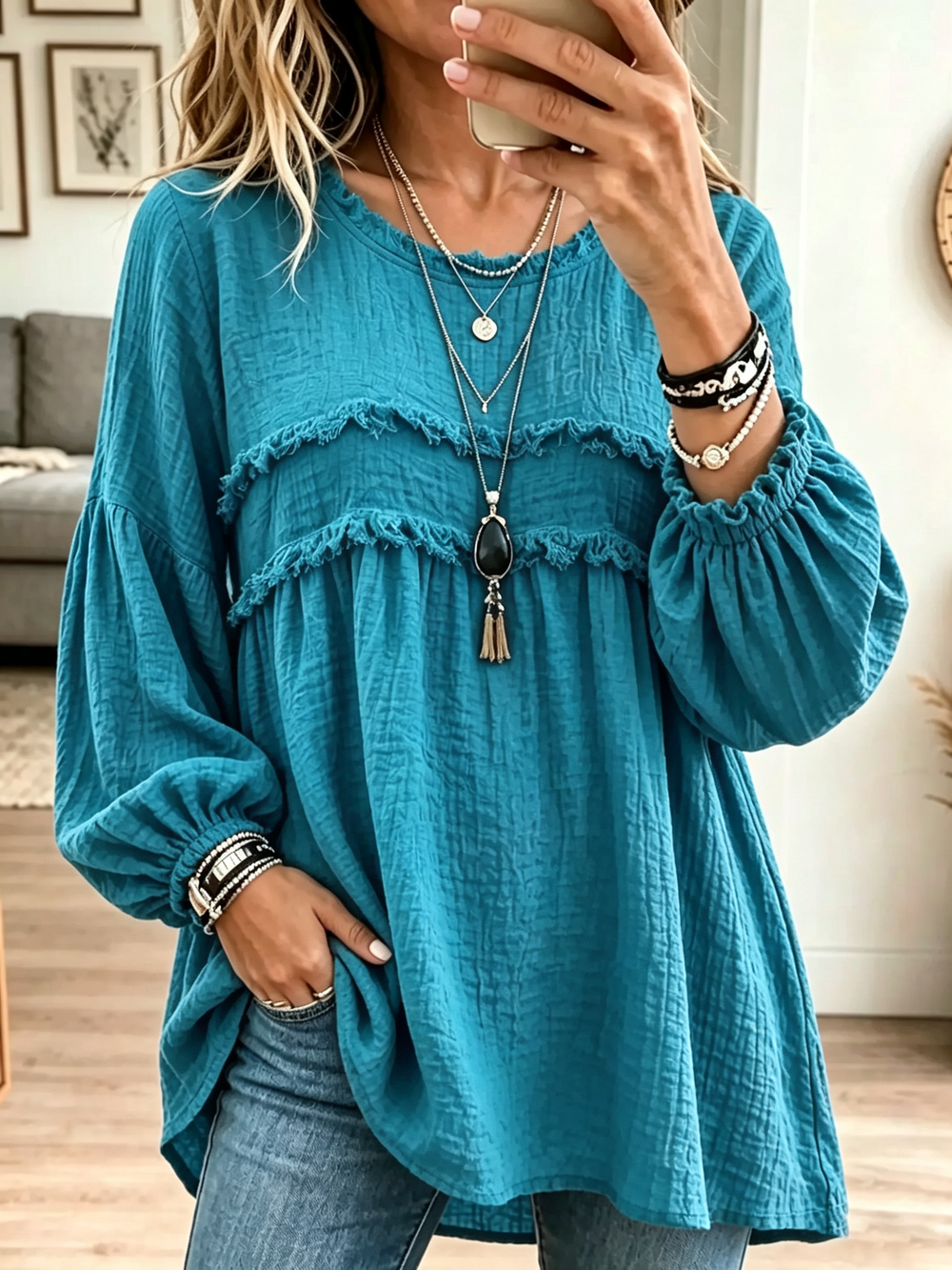 Crinkle Ruffle-Yoke Babydoll Tunic Blouse