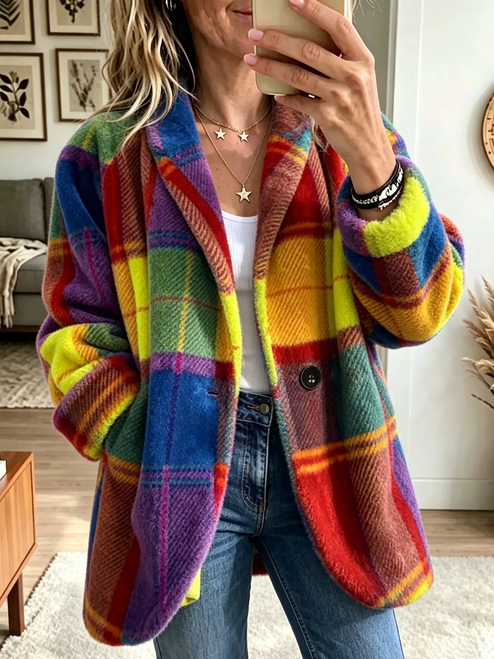 Bold Plaid Fleece Blazer Coat