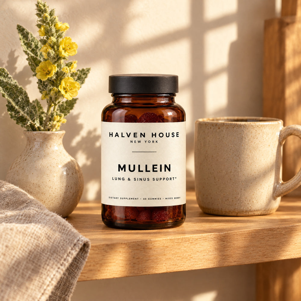 Halven House Mullein Gummies on a kitchen shelf in morning light