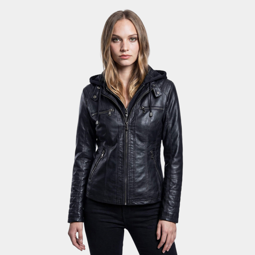 Faux Leather Moto Jacket with Detachable Hood