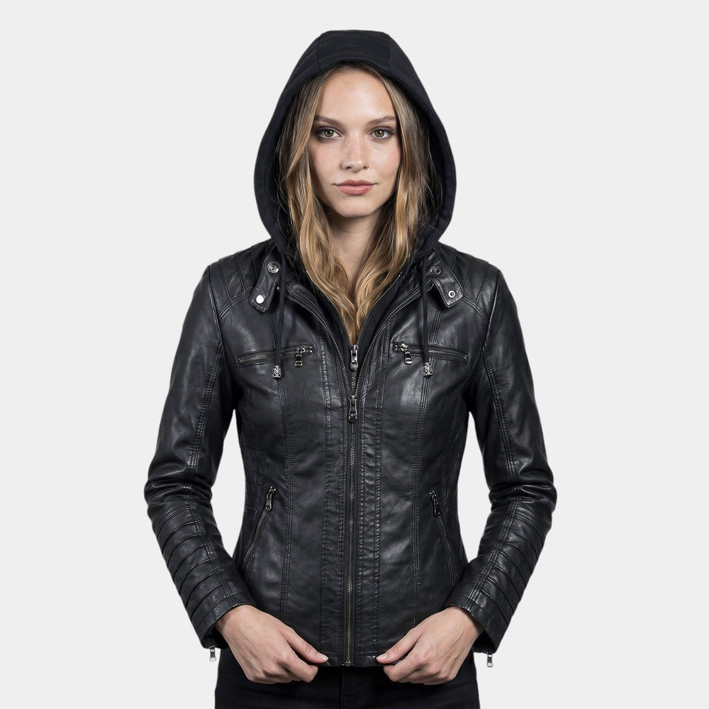 Faux Leather Moto Jacket with Detachable Hood