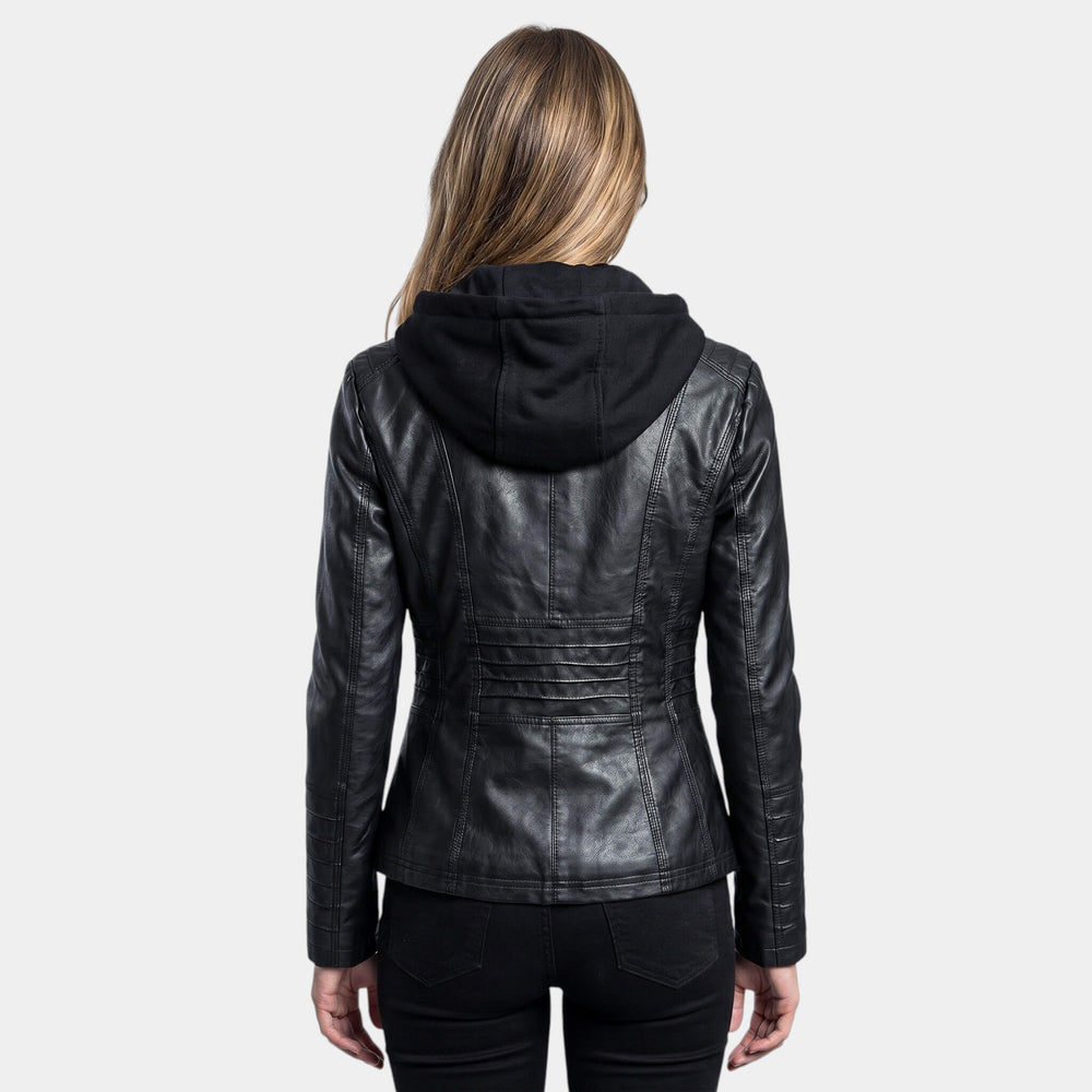 Faux Leather Moto Jacket with Detachable Hood