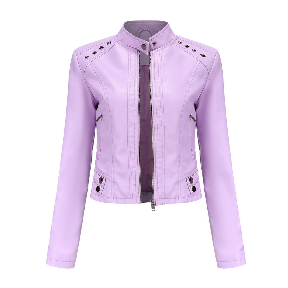 Stand-Collar Studded Faux Leather Moto Jacket