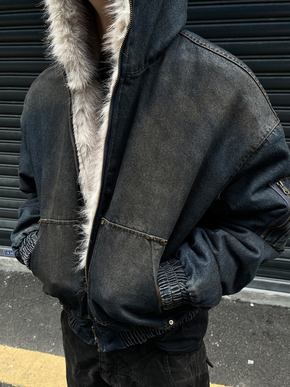 Washed Bomber Jacket with Faux Fur Hood