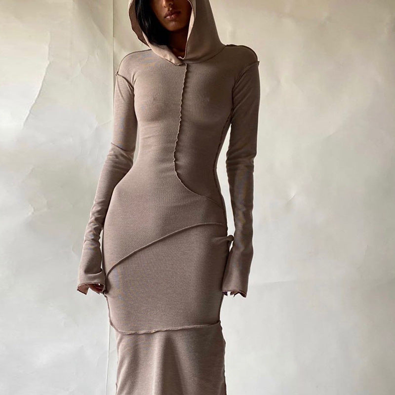 Contrast-Stitch Hooded Bodycon Maxi Dress