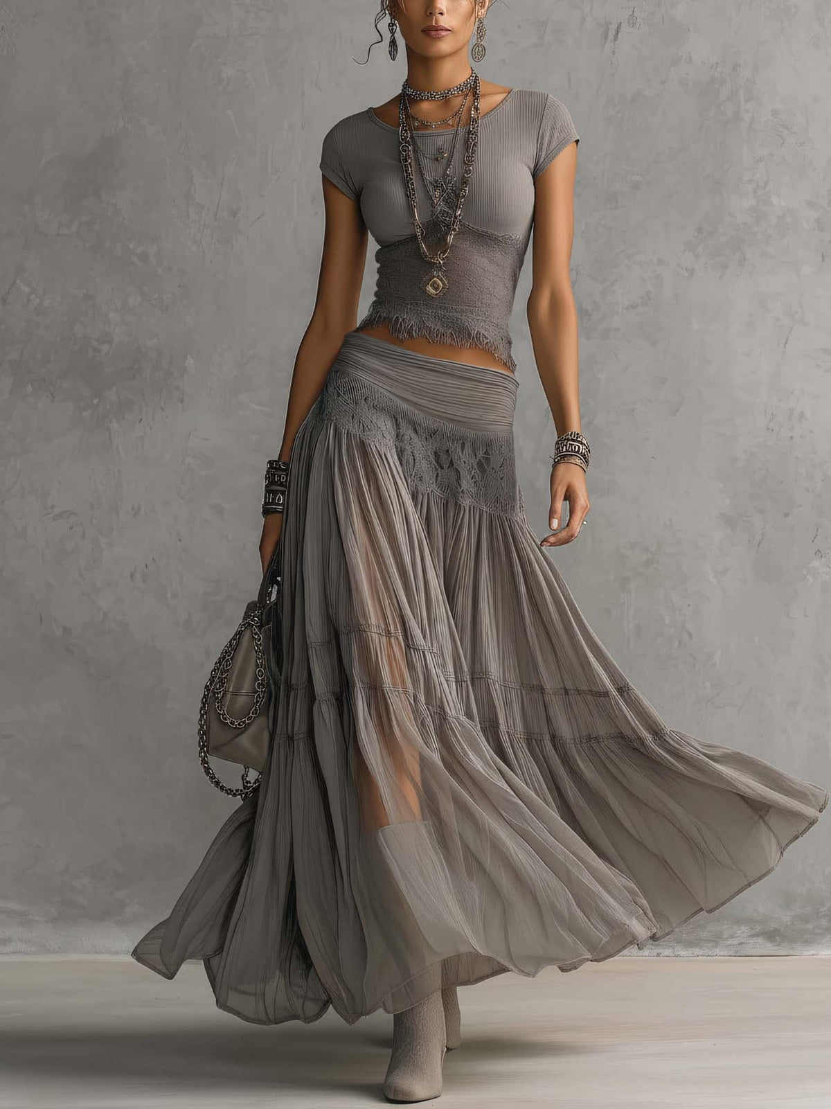 Lace-Panel Pleated Maxi Skirt Set