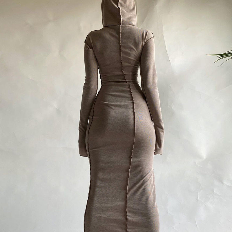 Contrast-Stitch Hooded Bodycon Maxi Dress