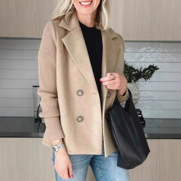 Double-Breasted Wool-Look Coat with Knit Sleeves
