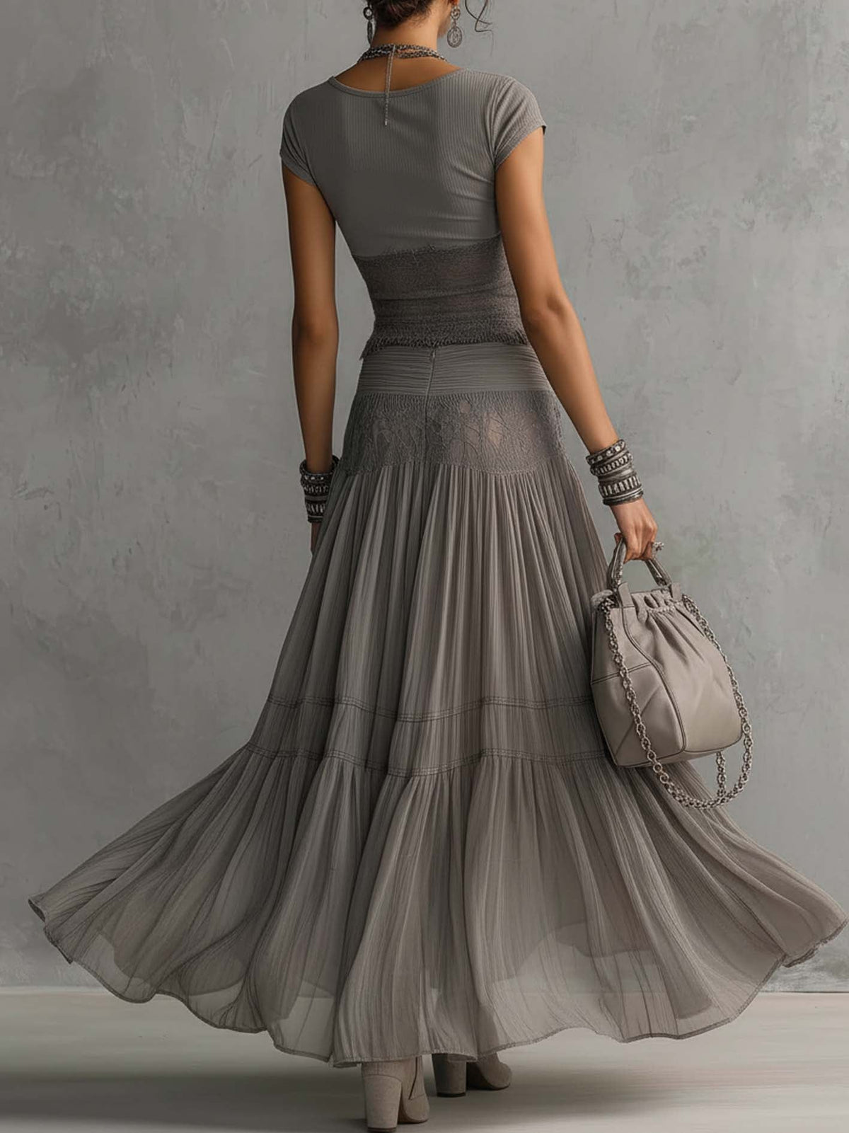 Lace-Panel Pleated Maxi Skirt Set