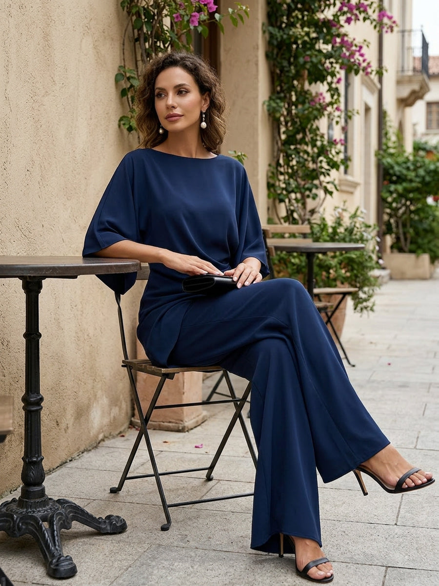 Draped Cape-Sleeve Top and Wide-Leg Pants Set