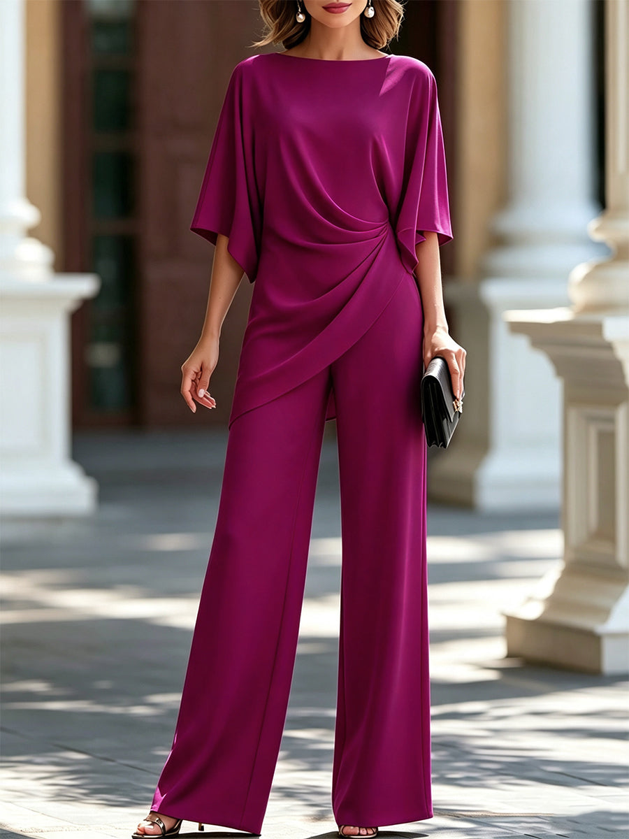 Draped Cape-Sleeve Top and Wide-Leg Pants Set