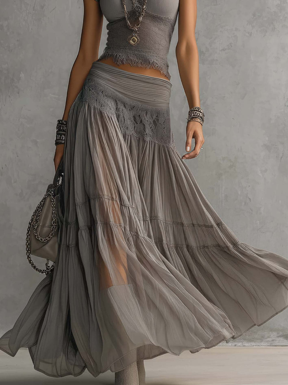 Lace-Panel Pleated Maxi Skirt Set