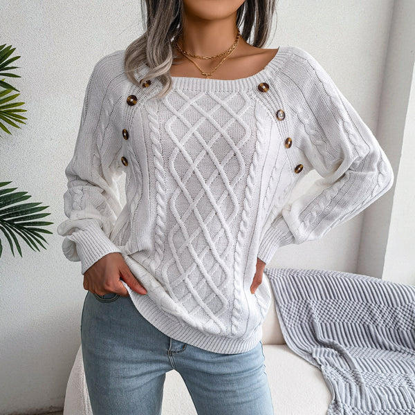 Square-Neck Cable Knit Sweater with Button Trim