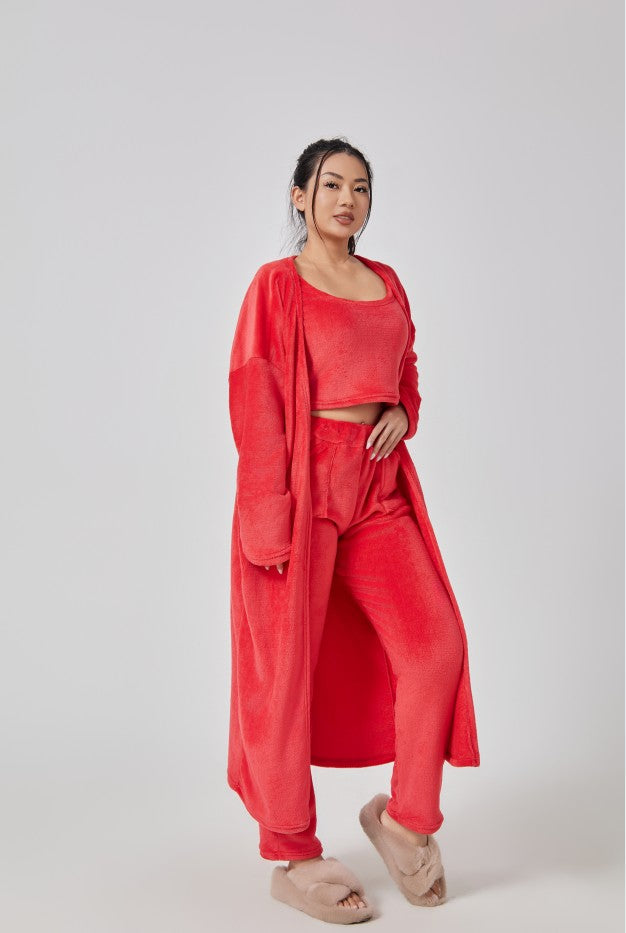 Fuzzy Knit 3-Piece Long Cardigan Lounge Set