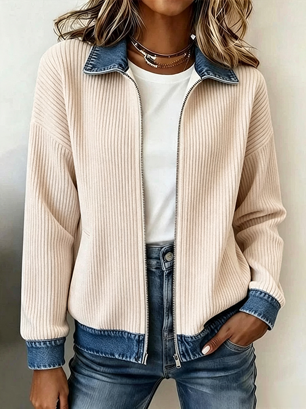 Ribbed Knit Zip Jacket with Denim Trim