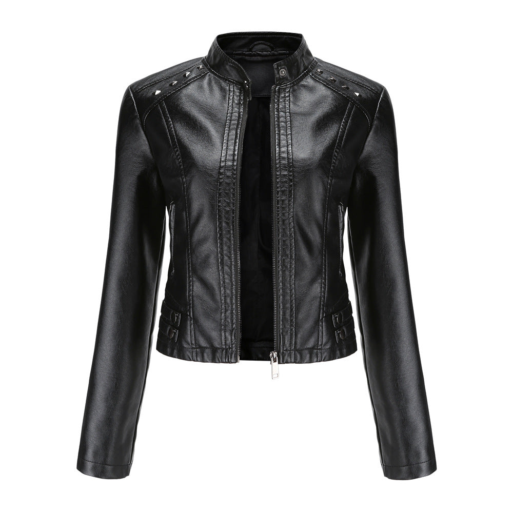 Stand-Collar Studded Faux Leather Moto Jacket