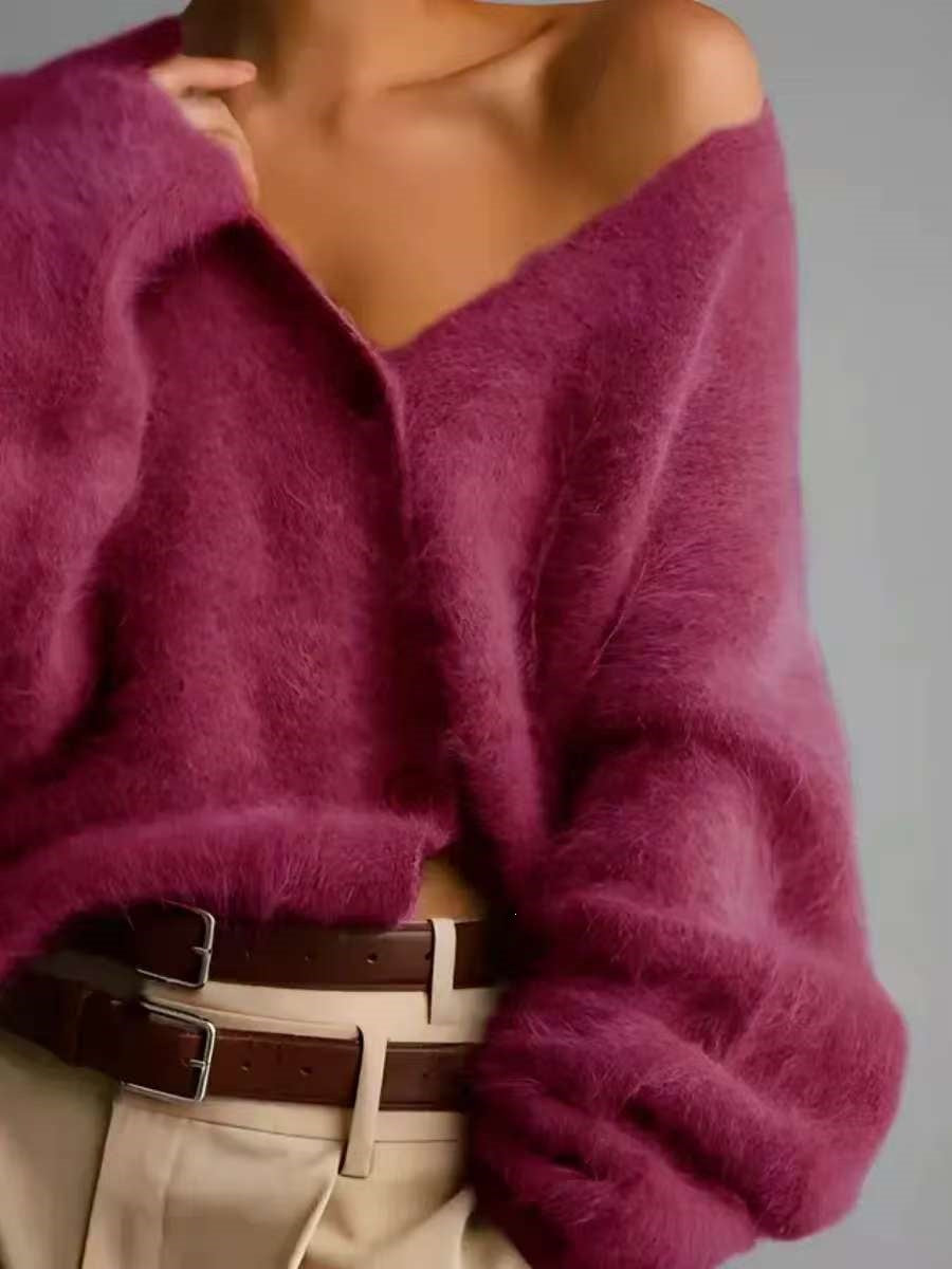 Fuzzy Oversized V-Neck Button Cardigan